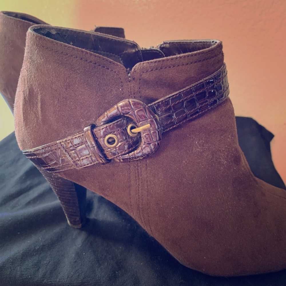 Impo Brown Suede Belted Heel Booties - Size 9